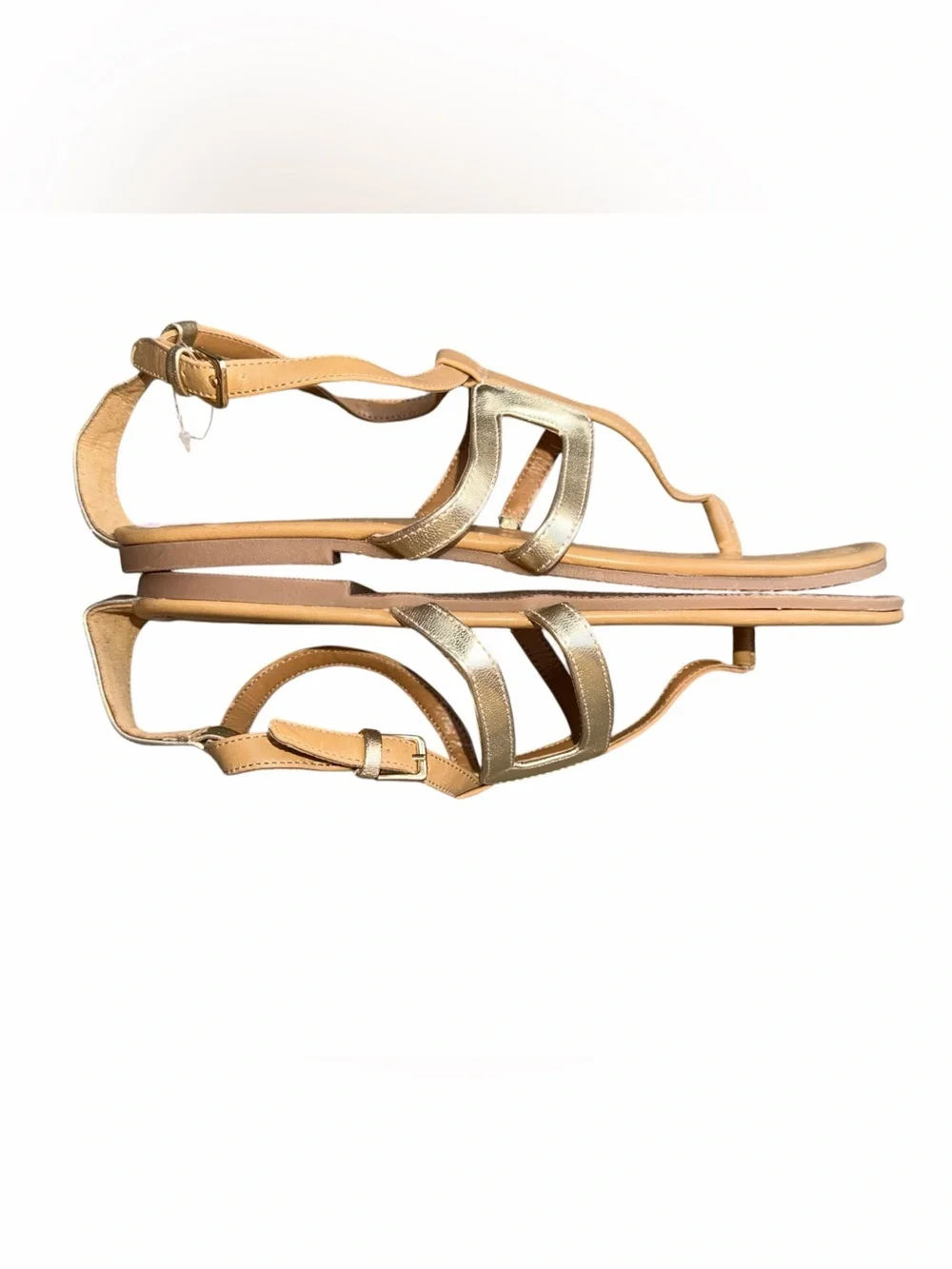 Nine West Tan T-Strap Sandals with Gold Metallic Straps Size 8.5 M